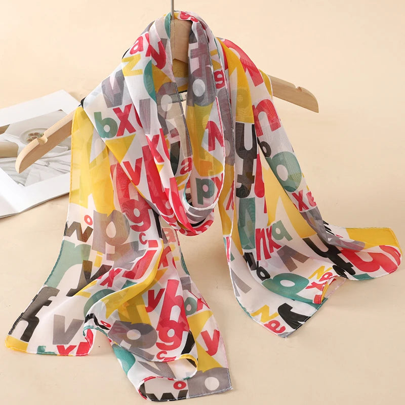 Women's Printed Chiffon Scarf Shawl – Lightweight Silk-Feel Long Wrap for Beach, Travel & Outdoor Wear, Fashion Headband Accessory