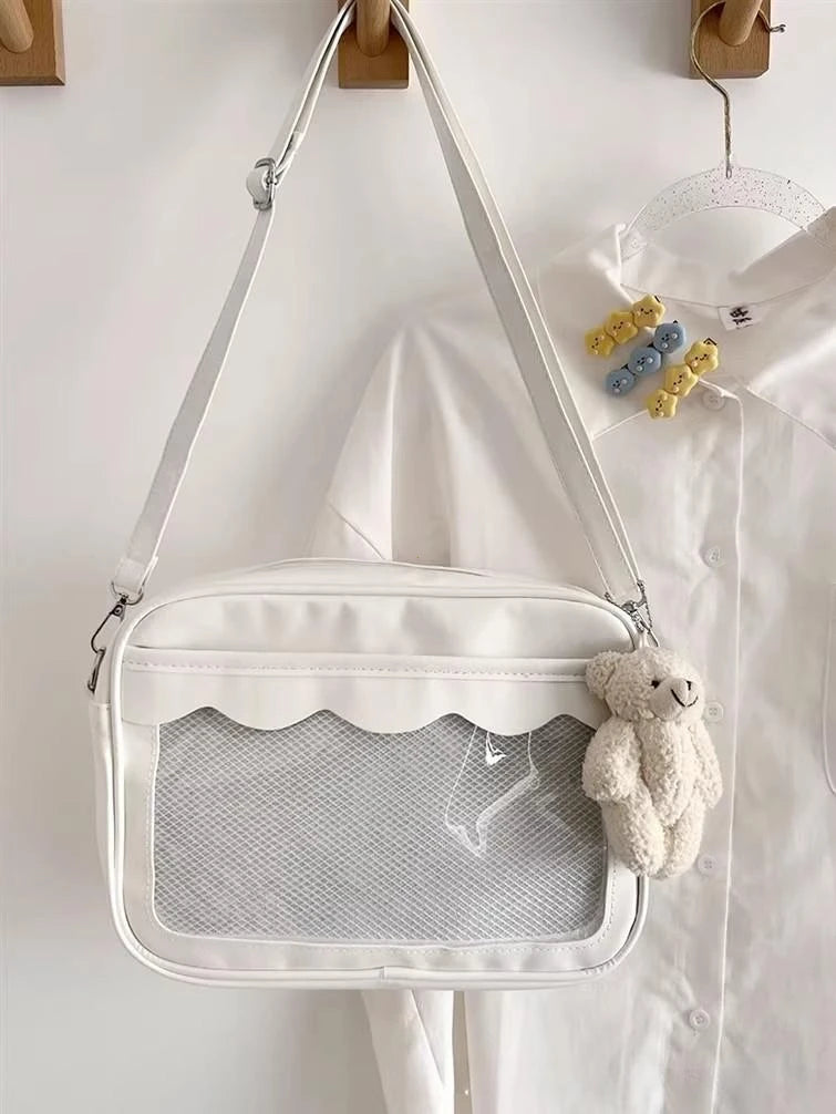 Bolso japonés Harajuku Ita – Bolso bandolera de piel sintética con bolsillo transparente para mujeres y estudiantes de secundaria, bolso de estilo uniforme JK, bolso de almacenamiento de moda Kawaii para coleccionistas y uso diario