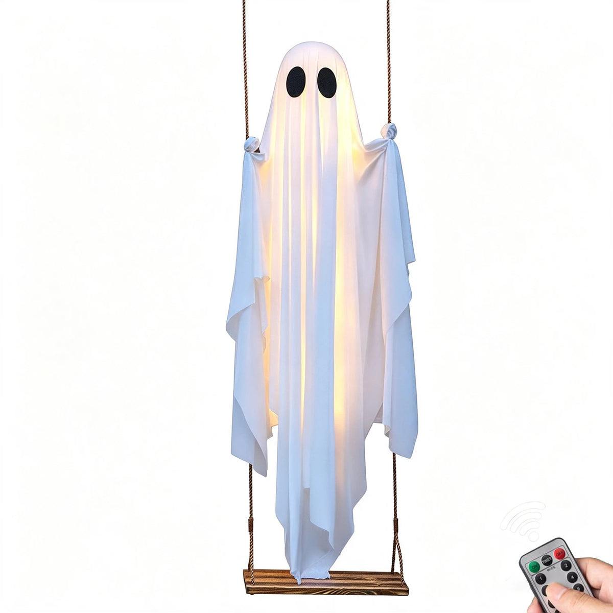Halloween Hanging Swing Ghost Decoration – Cute White Ghost with String Lights for Porch, Yard, Trees, Parties & Spooky Outdoor Decor