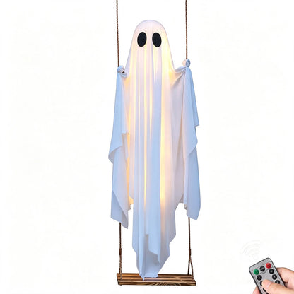 Halloween Hanging Swing Ghost Decoration – Cute White Ghost with String Lights for Porch, Yard, Trees, Parties & Spooky Outdoor Decor