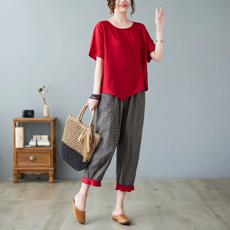 Women's Cotton Linen Two-Piece Set – Summer Wide-Leg Pants & Asymmetric Button Top Chinese-Style Casual Outfit