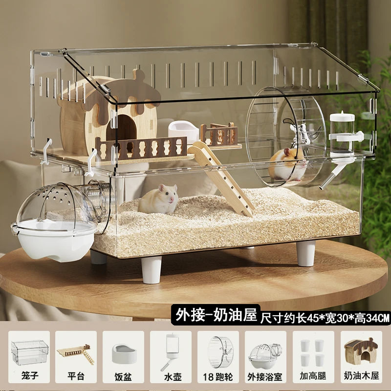 Acrylic Hamster Cage – Transparent Rodent Habitat with Accessories, Luxury Villa Enclosure for Syrian, Dwarf Hamsters, Gerbils & Mice