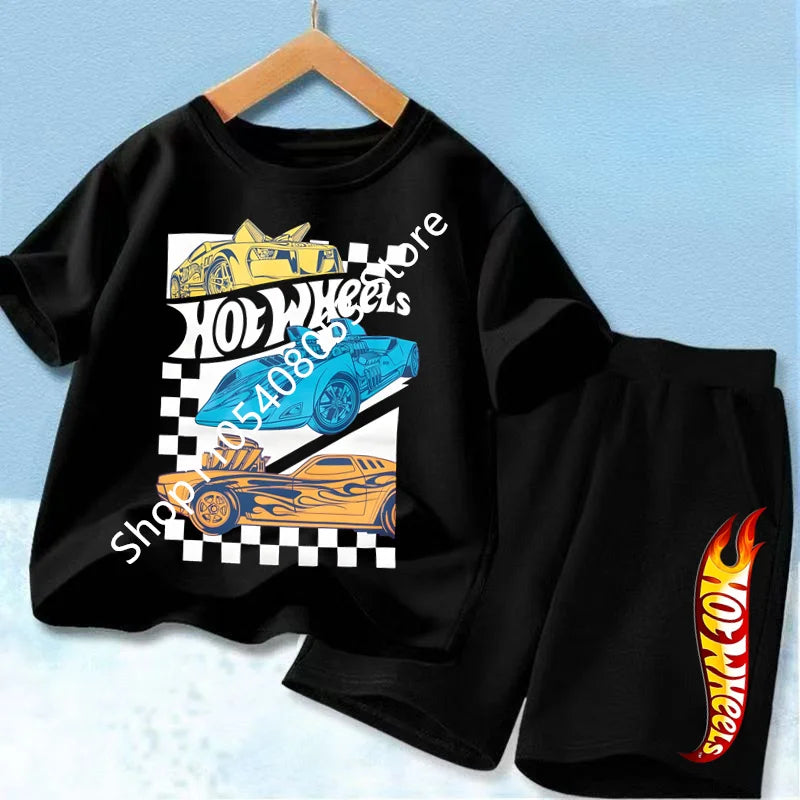Conjunto de camiseta y pantalón corto de coche de carreras para niños, mezcla de algodón, atuendo de verano para niños y niñas