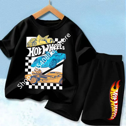 Conjunto de camiseta y pantalón corto de coche de carreras para niños, mezcla de algodón, atuendo de verano para niños y niñas