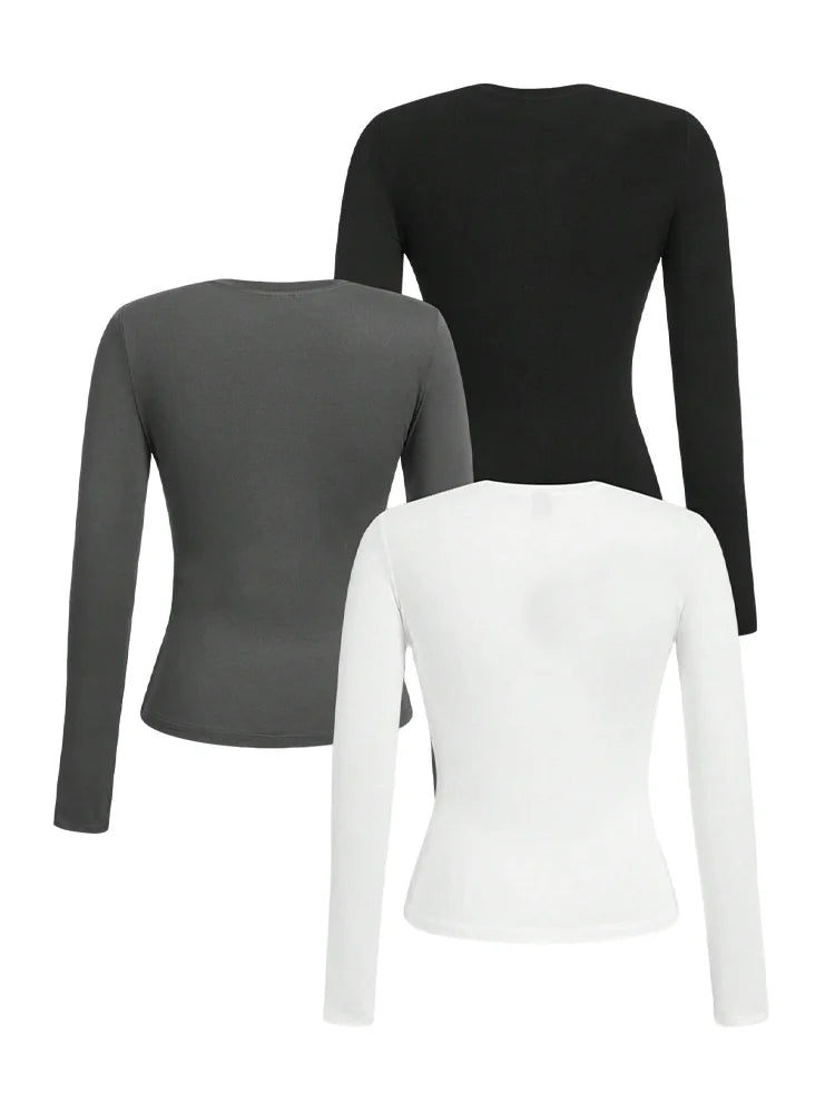 Women’s Long Sleeve T-Shirt Solid Color Polyester Knit Round Neck Regular Fit Fall Winter Top