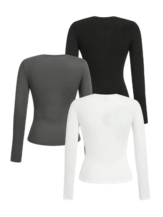 Women’s Long Sleeve T-Shirt Solid Color Polyester Knit Round Neck Regular Fit Fall Winter Top