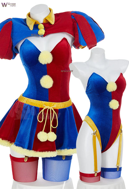Clown Circus Cosplay Costume – Original Design Adult Set (Pomnii Wig, Hat, Velvet Skirt, Carnival/Christmas Outfit)