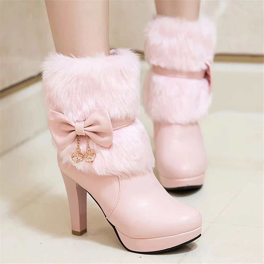 Women’s Winter High Heel Boots – Pink, White & Black Fur Tassel Bowtie Lolita Party & Wedding Shoes, Fashion Boots Size 34–43