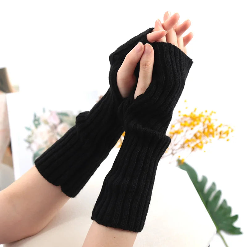 Long Fingerless Gloves for Women Winter Knitted Arm Warmers Kawaii Anime Punk Gothic Lolita Mittens