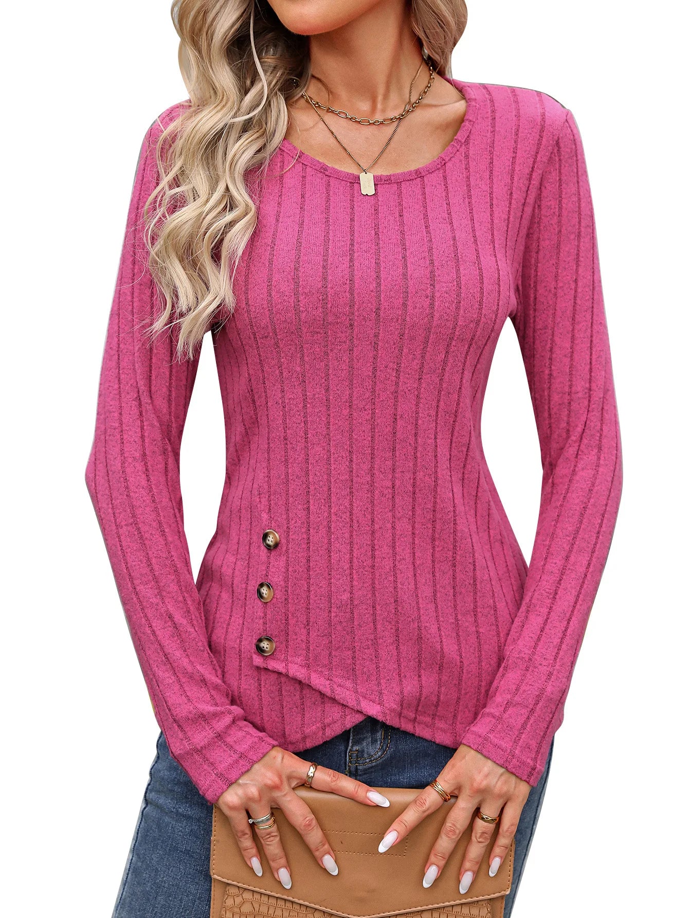 Women's Western Long Sleeve Top – Round Neck Fitted Waist-Cinched T-Shirt for Autumn Casual European & American Fashion