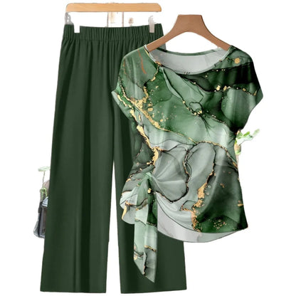 Women's 2-Piece Printed Knot Top & Wide-Leg Pants Set – Round-Neck Short-Sleeve Casual Outfit, Comfortable Polyester Loungewear for All Seasons