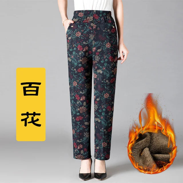 8XL Plus Size Women's Winter Pants – Printed Elastic High-Waist Velvet Trousers, Warm Straight-Leg Casual Oversized Fit