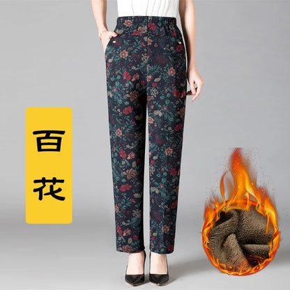 8XL Plus Size Women's Winter Pants – Printed Elastic High-Waist Velvet Trousers, Warm Straight-Leg Casual Oversized Fit