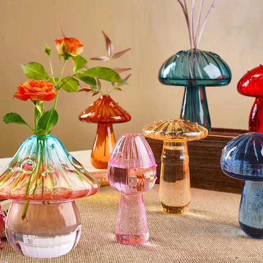 Florero Nórdico de Cristal de Colores con Forma de Hongo – Maceta Hidropónica para Flores, Plantas y Decoración de Escritorio/Hogar