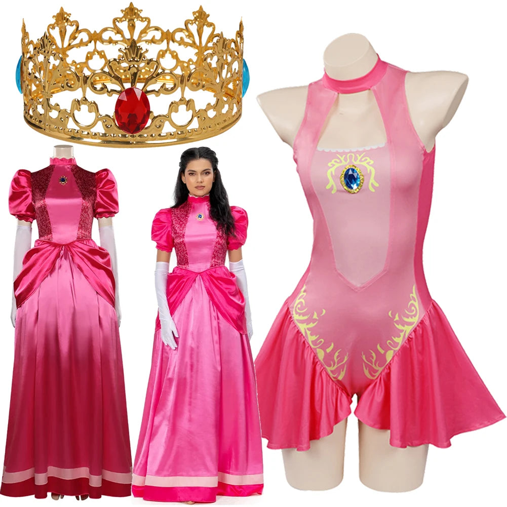 Princess Peach Cosplay Costume – Pink Fantasy Dress Set with Crown (Adult Women Halloween/Carnival Party Outfit, Includes Swimsuit Style Disguise)