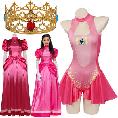 Princess Peach Cosplay Costume – Pink Fantasy Dress Set with Crown (Adult Women Halloween/Carnival Party Outfit, Includes Swimsuit Style Disguise)