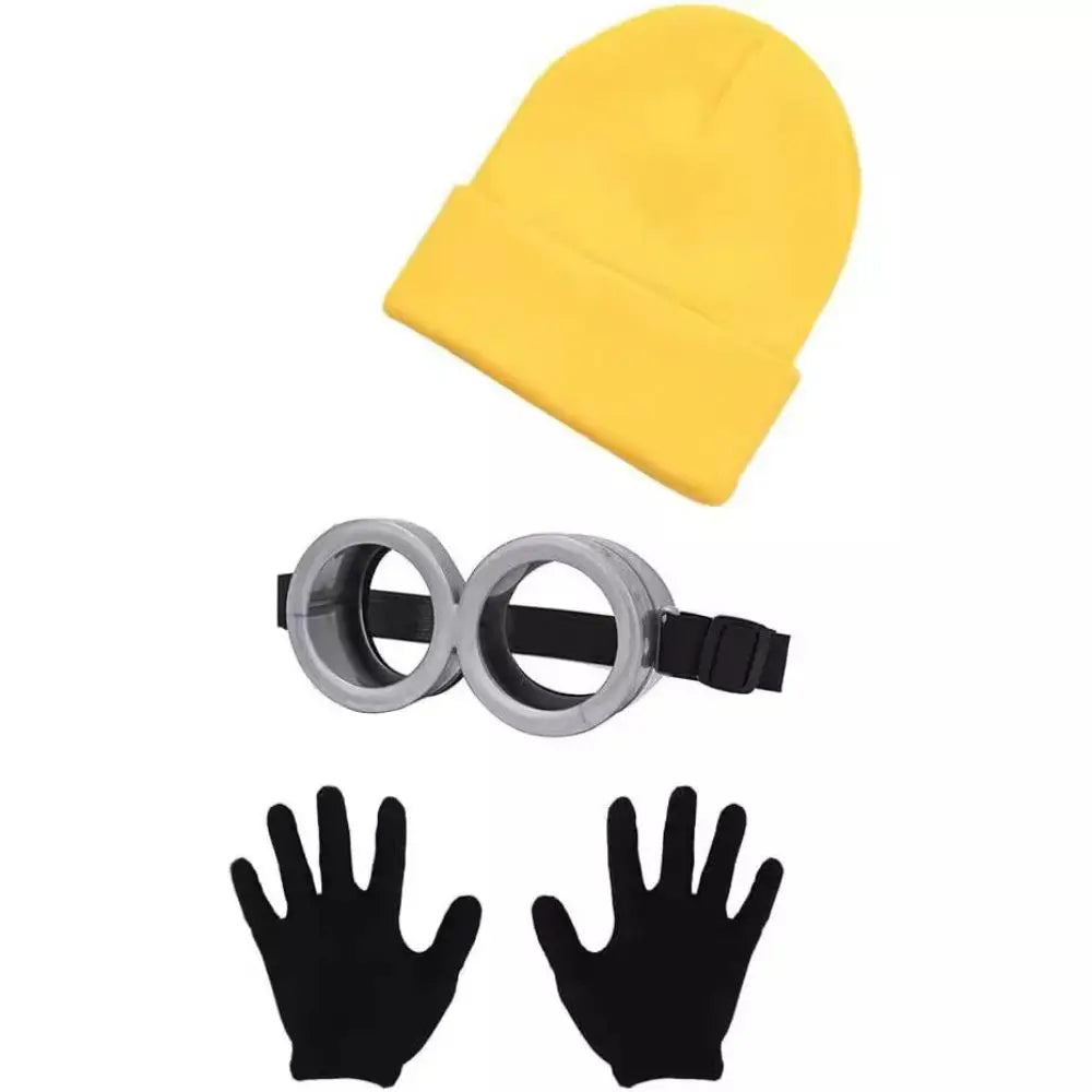 Cartoon Cosplay Costume Set – Yellow Beanie, Stretch Gloves & Steampunk Goggles (Adult & Kids Halloween Outfit)