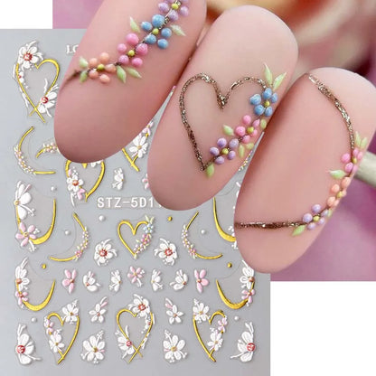 2pcs 5D Embossed Flower Nail Stickers – Golden Heart & Pink Petal Nail Art Decals for Valentine’s Manicure Decoration