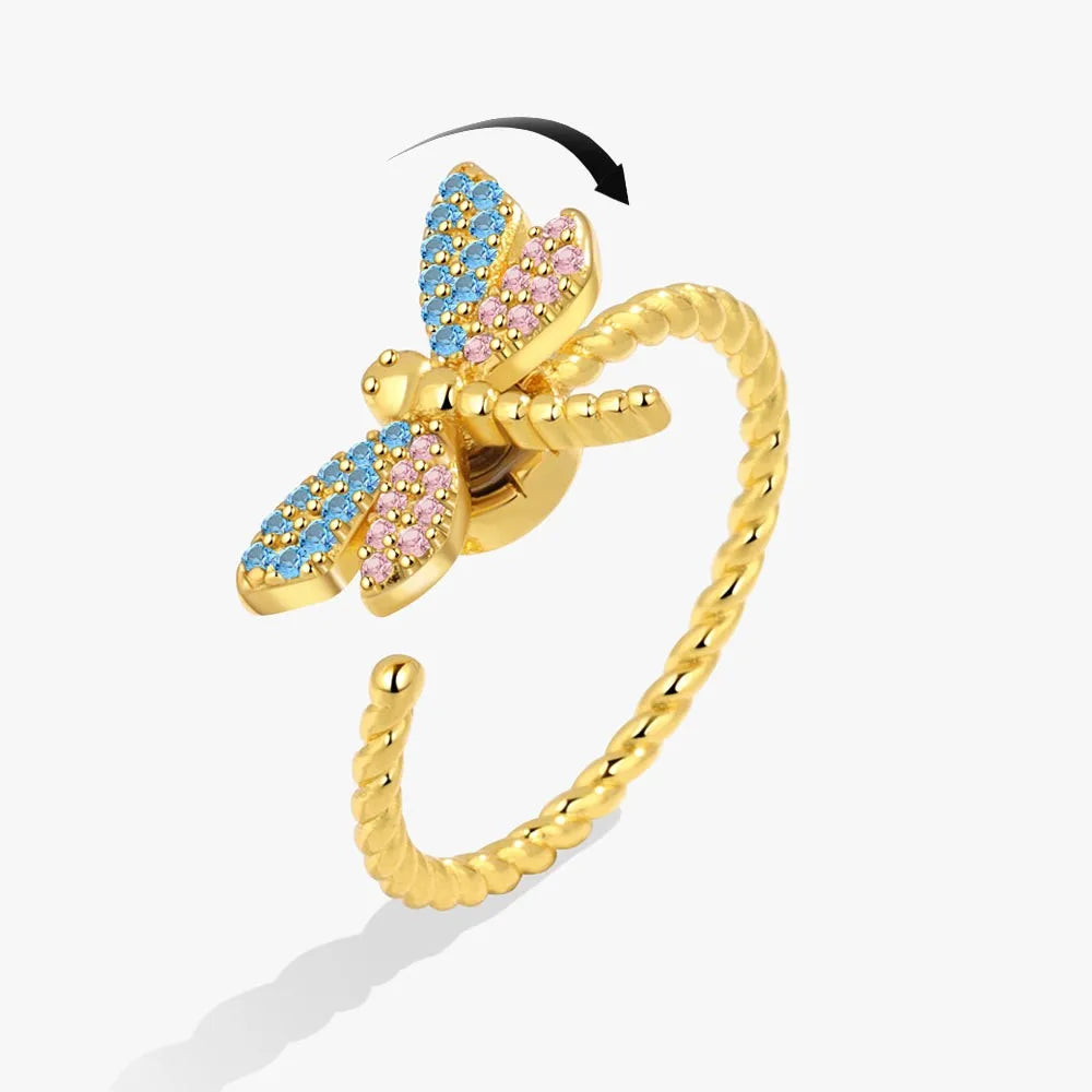 Anillo giratorio antiestrés de mariposa y flor con diamantes de imitación – Anillo giratorio antiansiedad para mujer | Joyería ajustable para aliviar el estrés