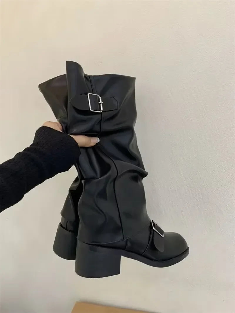 Botas altas de plataforma hasta la rodilla para mujer – Botas de moto de piel estilo gótico punk con tacón grueso, calzado de moda estilo New Rock