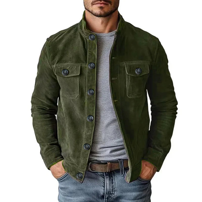 Men’s Vintage Brown Faux Suede Jacket – Stand Collar Button-Up Coat with Chest Pockets, Slim-Fit Casual Streetwear Outerwear