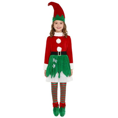 Kids Girls Christmas Elf Costume Set, Santa Claus Holiday Outfit with Accessories, Festive Xmas Dress-Up Costume for Christmas Parties, New Year Celebrations, School Events and Holiday Cosplay