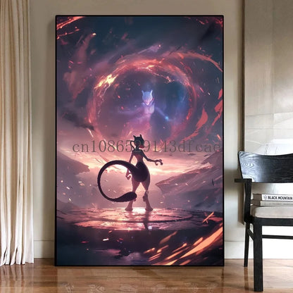 Pokémon Mewtwo HD Canvas Wall Art – Anime Watercolor Poster Print Modern Home Decor