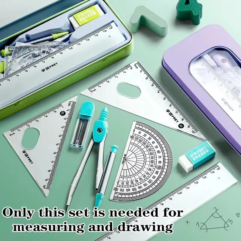 7PCS Geometry Ruler Set – Compass, Triangle Ruler & Protractor Student Math Kit in Storage Box