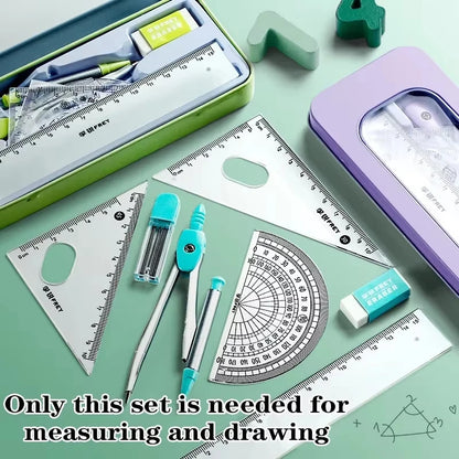 7PCS Geometry Ruler Set – Compass, Triangle Ruler & Protractor Student Math Kit in Storage Box