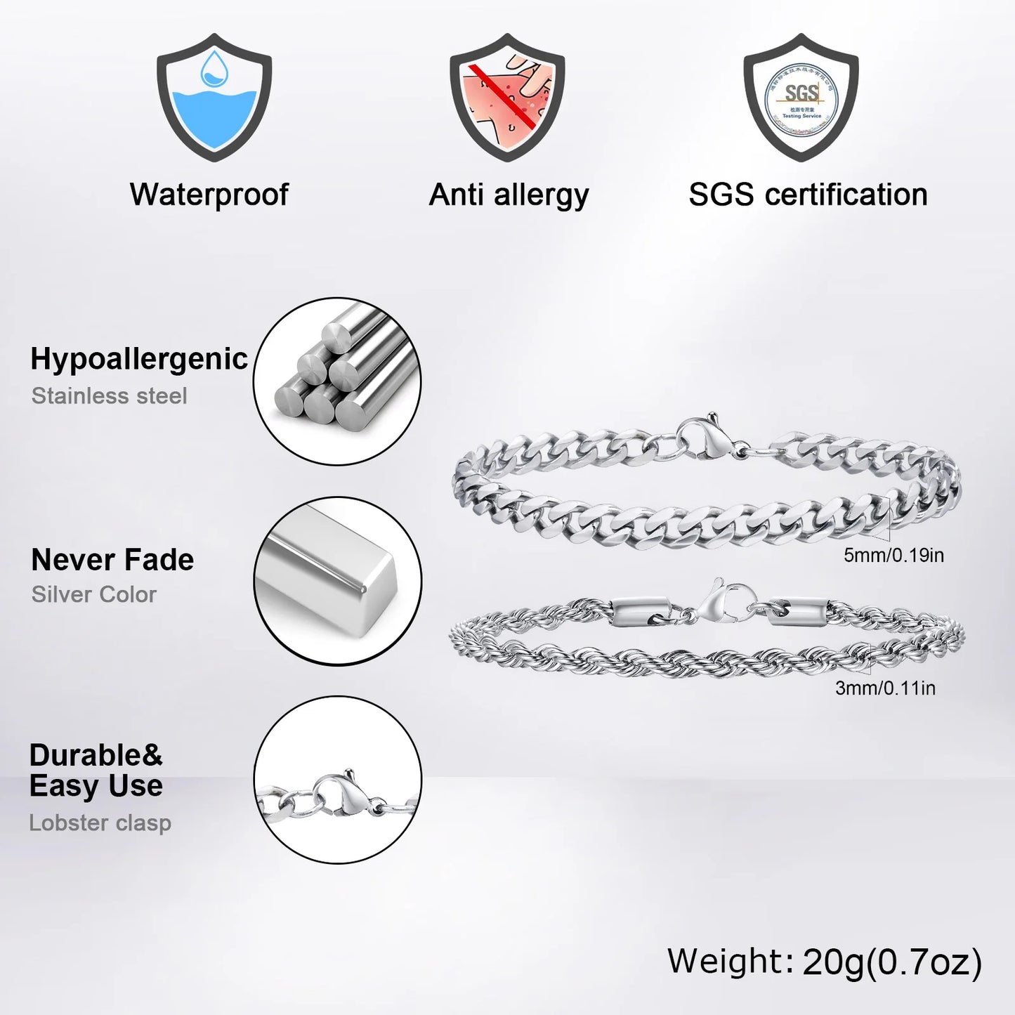 2-Piece Men's Chain Bracelet Set – Stainless Steel Twist Rope & Cuban Link Wristbands in Silver, Gold & Black | Fashion Jewelry Gift