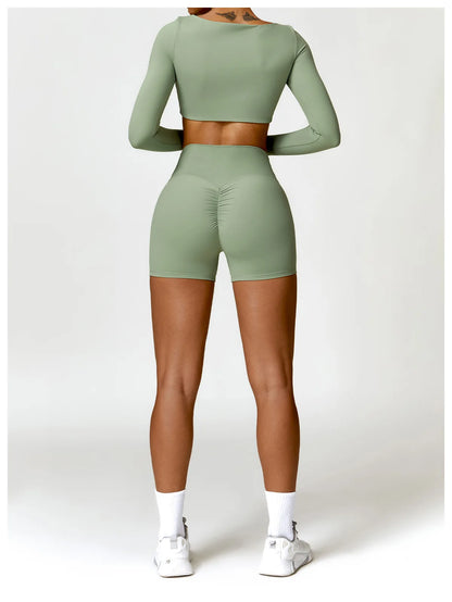 Women’s Square Neck Sports Crop Top – Long Sleeve Quick-Dry Gym Yoga Fitness Activewear