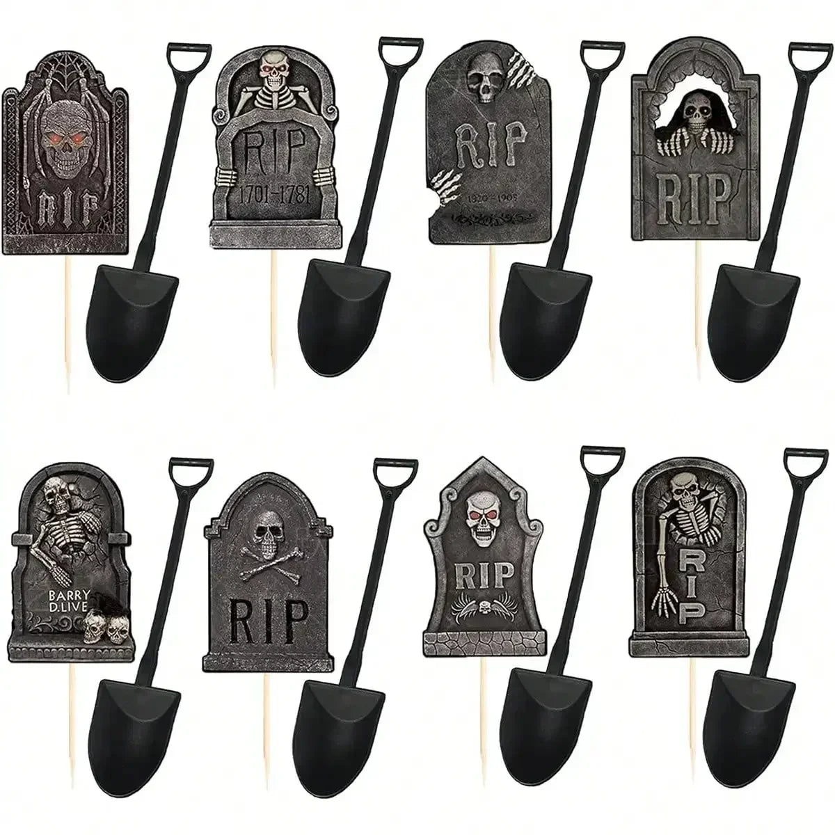 Multi-Piece Halloween Cupcake Toppers – Tombstone & Graveyard Cake Decorations with Novelty Mini Shovel Spoons for Halloween Parties