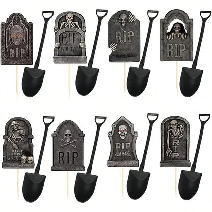 Multi-Piece Halloween Cupcake Toppers – Tombstone & Graveyard Cake Decorations with Novelty Mini Shovel Spoons for Halloween Parties