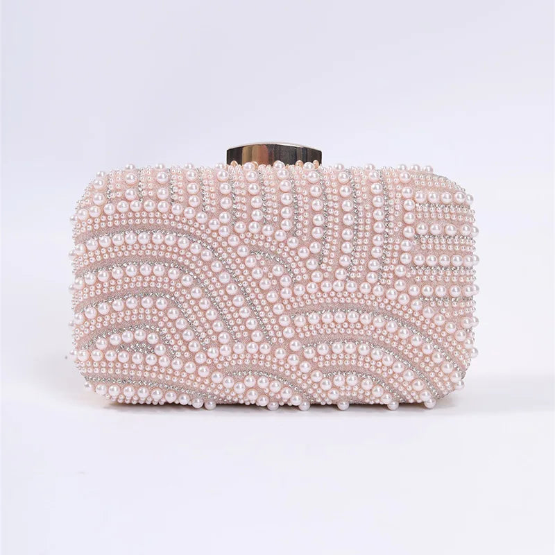 Elegant Pearl Evening Clutch Bag for Women Beaded Wedding Party Purse with Long Chain Strap