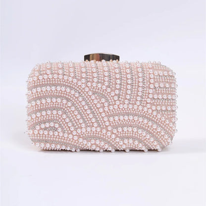 Elegant Pearl Evening Clutch Bag for Women Beaded Wedding Party Purse with Long Chain Strap