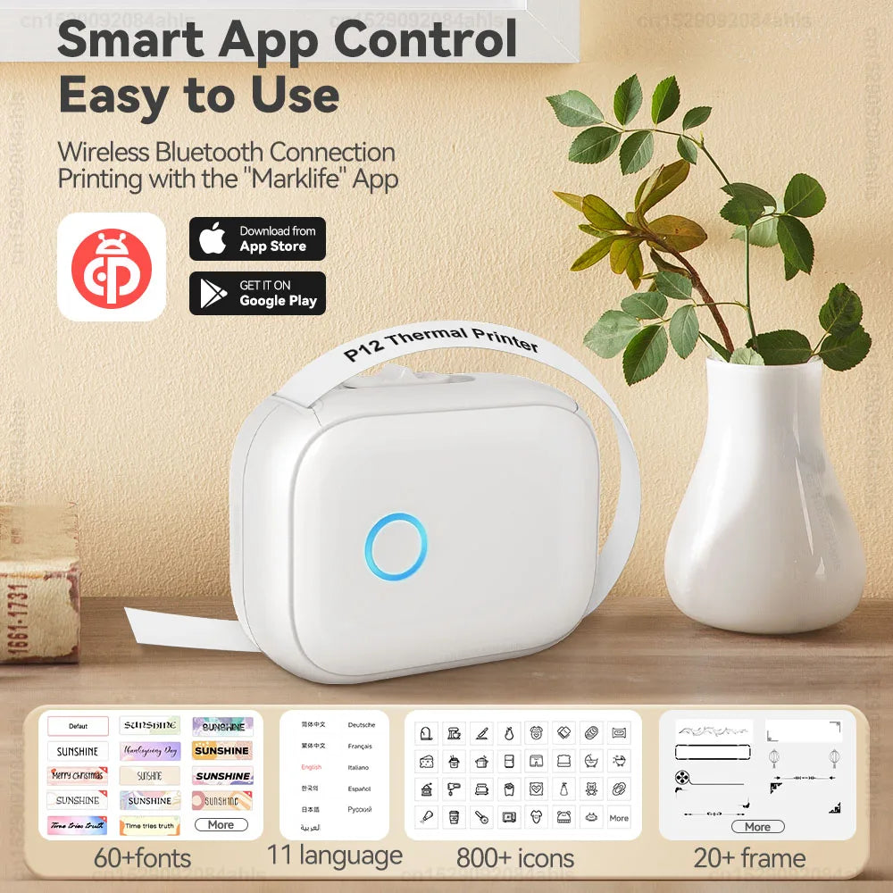 Mini impresora térmica Marklife P12 – Máquina etiquetadora portátil, impresora de pegatinas adhesivas con cinta de etiquetas continua, dispositivo de etiquetado de bolsillo Bluetooth para el hogar, la oficina y la organización