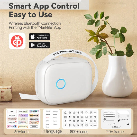 Mini impresora térmica Marklife P12 – Máquina etiquetadora portátil, impresora de pegatinas adhesivas con cinta de etiquetas continua, dispositivo de etiquetado de bolsillo Bluetooth para el hogar, la oficina y la organización