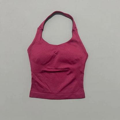 HISTELLO Women’s Seamless Longline Halter Sports Top – Built-in Bra with Removable Cups Yoga & Gym Tank Activewear