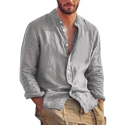 Men's Linen Long Sleeve Shirt – Stand Collar Casual Top, Lightweight Breathable Solid Color Hawaiian Style Shirt