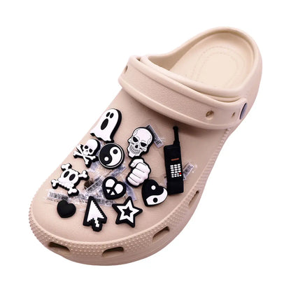 1PC Black & White PVC Shoe Charms – Skull, Ghost & Taichi Shoe Decorations, Shoe Buckle Accessories for Customization & Gifts