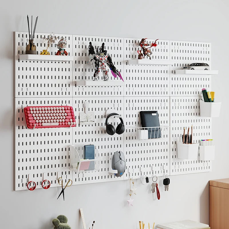 Kit de organización modular de pared con tablero perforado (Pegboard) para bricolaje – Paneles de almacenamiento colgantes sin taladro para cuartos de manualidades, oficina y organización del hogar