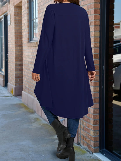 Plus Size Women's Asymmetrical Hem Long Sleeve Top – Elegant Round Neck Solid Color Casual Pullover Shirt