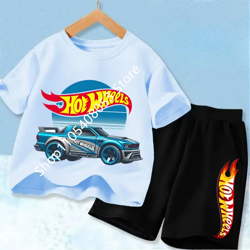Conjunto de camiseta y pantalón corto de coche de carreras para niños, mezcla de algodón, atuendo de verano para niños y niñas