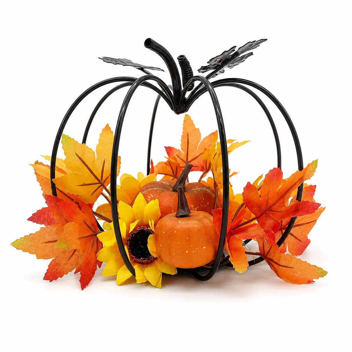 Black Iron Pumpkin Decoration – Autumn Harvest Desktop Decor with Artificial Maple Leaves, Sunflower & Pumpkin Accents for Thanksgiving