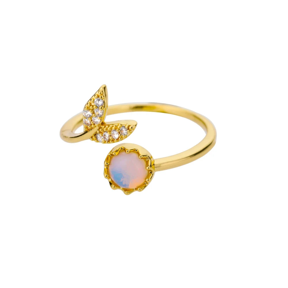 Gold Stainless Steel Lotus Flower Opal Ring – Vintage Oval Stone Statement Ring for Women | Elegant Fashion Jewelry Gift