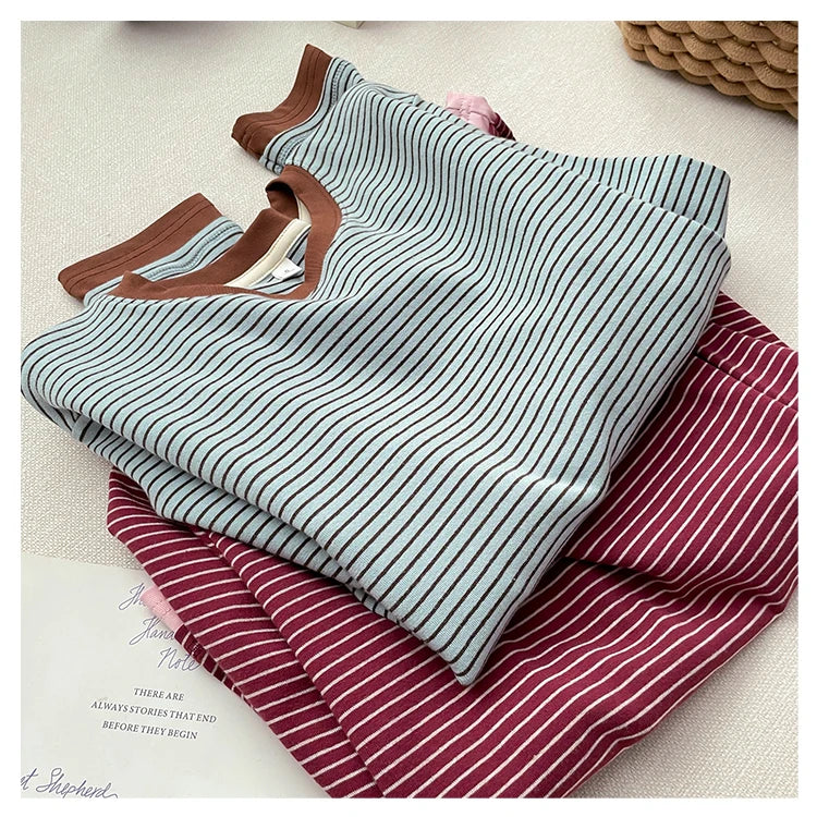 T-shirt rayé rétro à blocs de couleurs pour femmes, à manches longues, col rond, ourlet asymétrique en coton, chemise décontractée de base