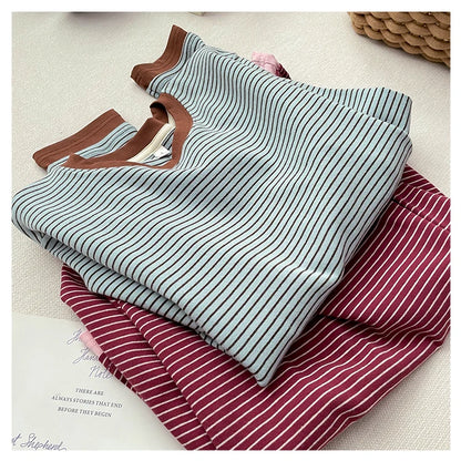 T-shirt rayé rétro à blocs de couleurs pour femmes, à manches longues, col rond, ourlet asymétrique en coton, chemise décontractée de base