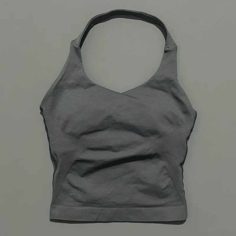 HISTELLO Women’s Seamless Longline Halter Sports Top – Built-in Bra with Removable Cups Yoga & Gym Tank Activewear