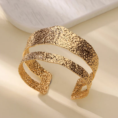 Stainless Steel Open Flower & Leaf Bangle Bracelet – Gold Geometric Cuff Bracelet for Women & Men | Minimalist Fashion Jewelry