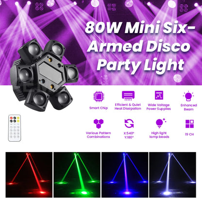 80W Disco Party Light – 6-Arm Moving Head Beam & Strobe Stage Light with Remote and DMX512 Control for DJ, Club & Wedding Events